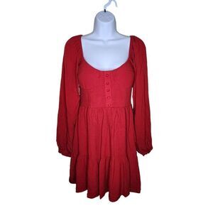 Long Sleeve Empire Waist Ruffle Hem Milkmaid Dress Womens Size M Red
